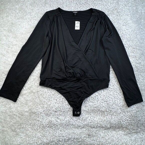 Express Black Satin Draped V-Neck Faux Wrap Thong Bodysuit NEW - Picture 2 of 10